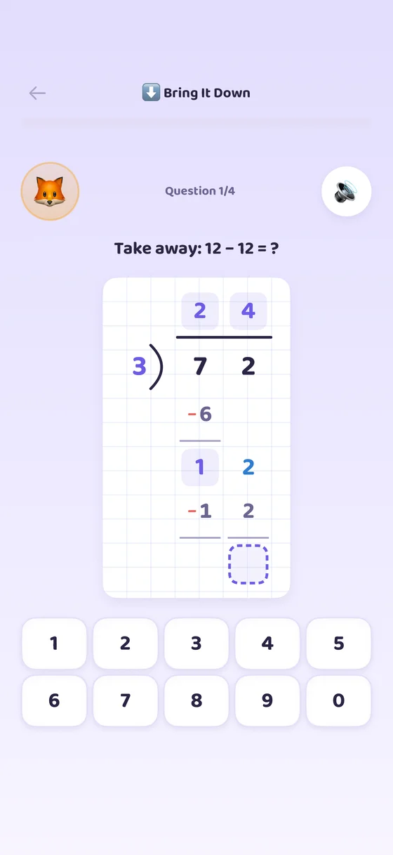 Long division bracket board in the Math for Kids app