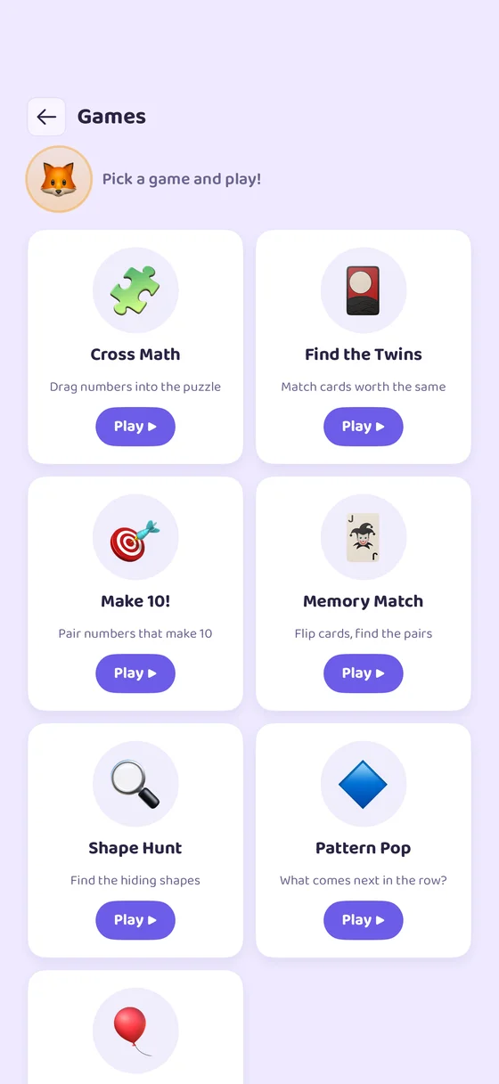 Games arcade in the Math for Kids app