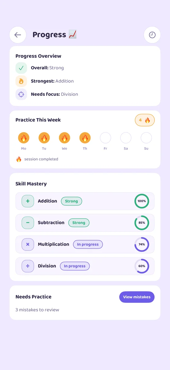 Parent progress report in the Math for Kids app